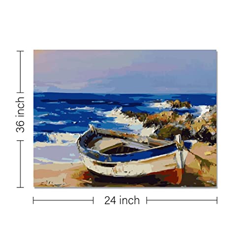 Image of RANGOLI 100% Cotton Stretched Canvas Painting 400 GSM, Framed Boat at the Beach Canvas Abstract Wall Art for Living Room, 3D Paintings for Wall Decor (24 x 36 Inch With Frame)