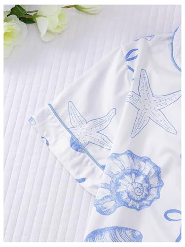 Women's 2 Piece Pajama Sets Shell Print Short Sleeve Sleepwear Button Down Shirt and Bow Shorts Loungewear Pj Sets3