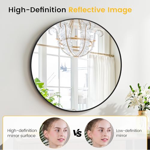 Round Mirror, 18 Inch Black Bathroom Mirror with Metal Frame, Small Stylish Wall Mirror for Bathroom, Entryway, Bedroom, Vanity