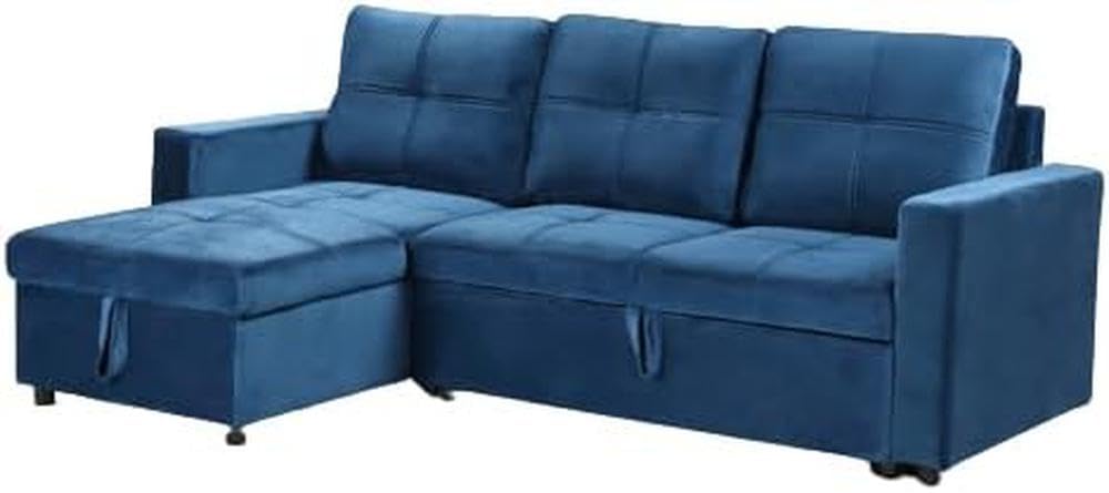 EASYMOBEL Sofá Cama Chaise Longue PAU, 215x135cm - Diseño Moderno, Almacenamiento, Azul en Terciopelo