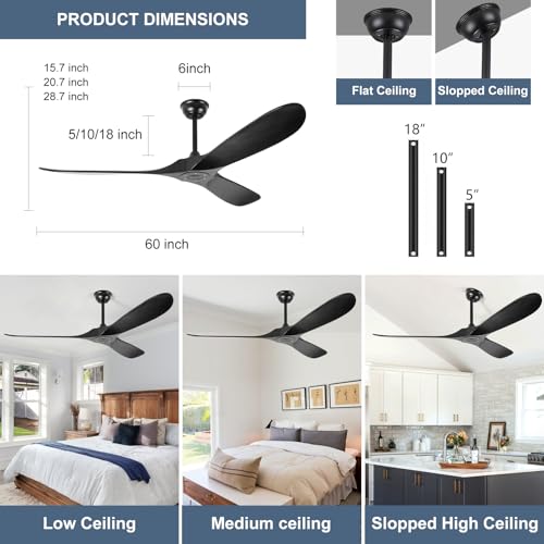 Image of 60'' Solid Wood Ceiling Fans without Light,Black Ceiling Fan with Quiet and Large Airflow DC Motor,Outdoor Ceiling Fan for Patio,Garage,Bedroom