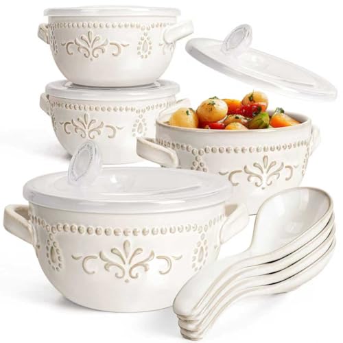 Artena Plates And Bowls Sets, 16 Pieces Dinnerware Sets, Dish Set For 4, Ceramic Kitchen Bowl And Plate Set, French Onion Soup Bowls with Handles and lids & Spoons, 20 Oz Ceramic Soup Crocks