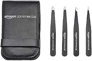 AmazonCommercial Eyebrow Tweezers, Stainless Steel Slant Tweezers Set and Pointed Hair Removal Tweezers, Precision Tweezers for Ingrown Hair, Eyebrows Plucking, 4-Pack