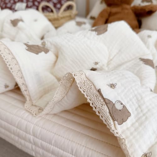 Image of BuLuTu 100% Muslin Toddler Quilt Thin Crib Comforter Girls Boys Quilted Blankets, 60 inchx78 inch, 2.5 Pounds, Soft Breathable Muslin Cotton Quilts, Bee Bear Pattern, Machine Washable