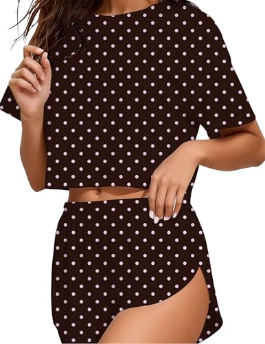 Image of Split Short Pajama Set Soft Women's Striped Pajama Sleeve Tee & Elastic Waist Shorts Lounge Sleepwear