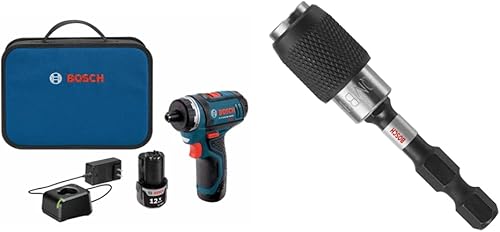 Bosch PS21-2A 12V Max 2-Speed Pocket Driver Kit with 2 Batteries, Charger and Case & ITBHQC201 2 14", Impact Tough Quick Change Bit Holder