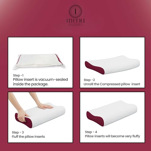 Image of Cervical Contour Pillow Set of 2, Memory Foam Neck Support for Sleeping, Orthopedic Bed Cushion for Side Back Sleepers, Shoulder Relief, Maroon, 48 x 30 cm Size, Daily Sleep Support