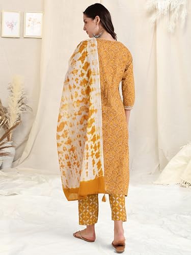 Image of MIRCHI FASHION Pure Cotton Women Straight Print & Thread Embroidery Kurti Set with Dupatta & Pant