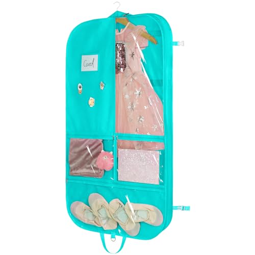 Univivi Kids Garment Bags for Dance Costumes 40 Inch Dance Costumes Bag, 3 Medium Clear Zipper Pockets and 2 Back Zippered Pockets, with 1 xPendant, 3 x Badge - Green by Univivi - Used condition - US$14.98