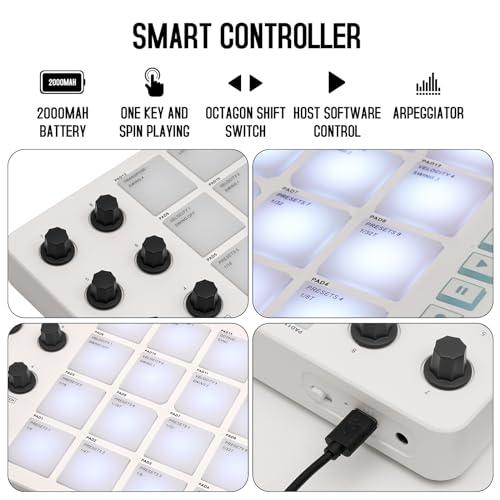 Image of Wireless MIDI Controller Pads, Bluetooth Portable USB MIDI Controller with 16 Drum Pads, 8 Assignable Knobs, Note Repeat, Full Level Buttons, Rechargeable battery (White Pad)