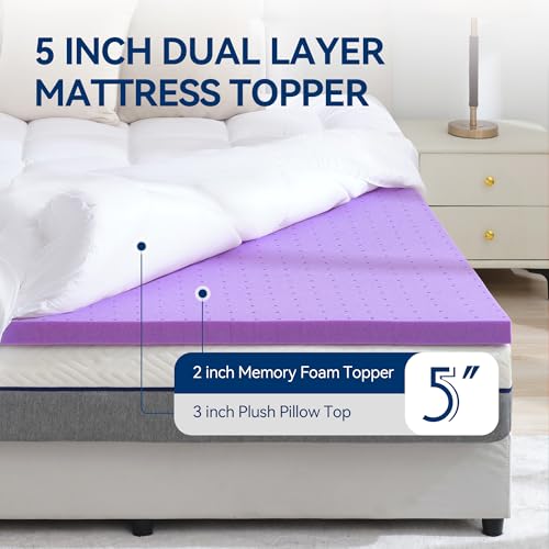 BDEUS Dual Layer 5 Inch Memory Foam Mattress Topper Queen Size, 2 Inch Gel Memory Foam Plus 3 Inch 1450 GSM Down Alternative Quilted Pillow Top Mattress Pad Cover,White