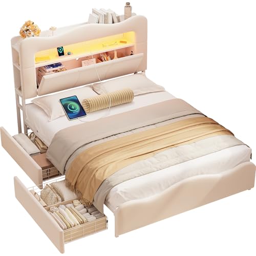 Image of LIKIMIO Full Upholstered LED Bed Frame with 2 Storage Drawers and Bookcase Storage Headboard, Velvet Princess Platform Bed with Charging Station, Heavy Duty Metal Support, No Box Spring Needed, Beige