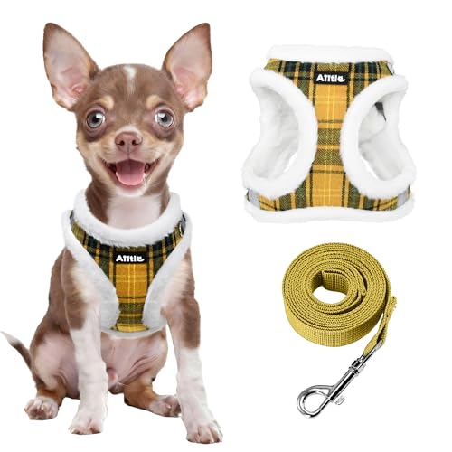 AIITLE Ensemble Harnais et Laisse pour Chien en Peluche Chaude - Motif à Carreaux, Anti-Traction, réglable pour Chiens de Taille Moyenne - Idéal pour Le Jogging et la randonnée (Jaune, M)