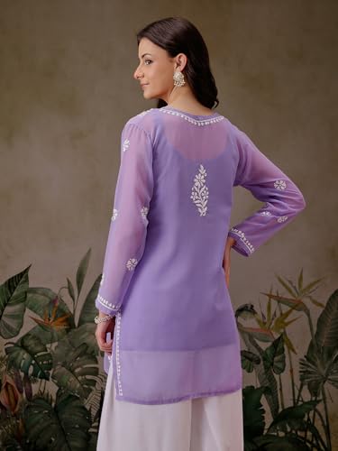 Image of Ada Women's & Girl's Georgette Hand Embroidered Lucknow Chikankari Regular Fit Short Kurti Top with Slip A911300
