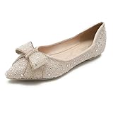 LiupanUp Women's Pointed Rhinestone Flat Shoes Glitter Flowers Wedding Comfortable Dress Shoes Apricot Color size8