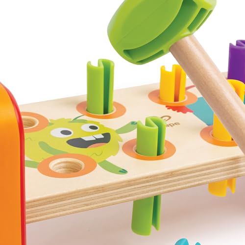Image of Hape: Wooden Monster Hammer Bench with 8 Pegs - Educational Toy for Kids & Toddlers, Fun Monster Design for Motor Skills Development