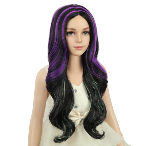 Image of PATTNIUM Girls Black Green Purple Wig Long Curly Wigs Kids Black Mixed Middle Part Heat Resistant Synthetic Wigs Halloween Cosplay Costume Party Wig