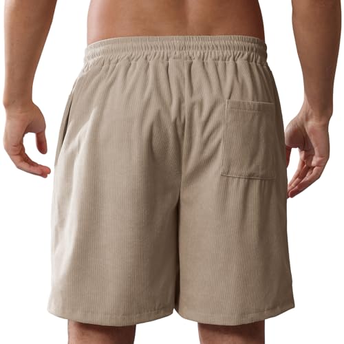 Image of Mens Corduroy Shorts Cotton Blend Lightweight Soft Summer Shorts Elastic Waist Beach Casual Short for Men with Pockets
