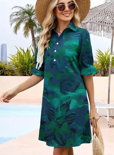 Image of Womens Summer Shirt Mini Dresses 2026 Beach | Flowy Shift Dress, Button V Neck, Polo Collar, Ruffle Short Sleeve, Floral Boho Style, Casual Vacation Outfits with Pockets