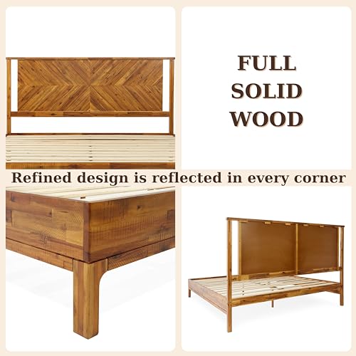 Bme Vivian 14 Inch Deluxe Bed Frame with Headboard, Rustic & Scandinavian Style with Solid Acacia Wood, No Box Spring Needed, 12 Strong Wood Slat Support, Easy Assembly, King, Rustic Golden Brown - Image 6