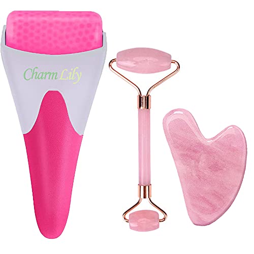 Rose Quartz & Ice Roller + Gua Sha Massager Tool