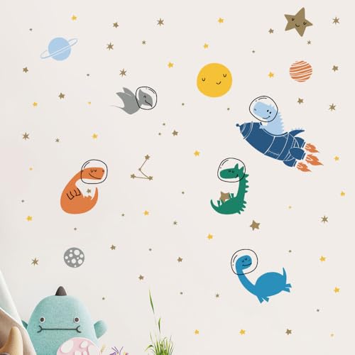 Image of Space Dinosaur Wall Stickers for Kids - Large Peel and Stick Decals (165x136cm) - Astronaut Dino & Planet Galaxy Theme - Nursery & Bedroom Decor