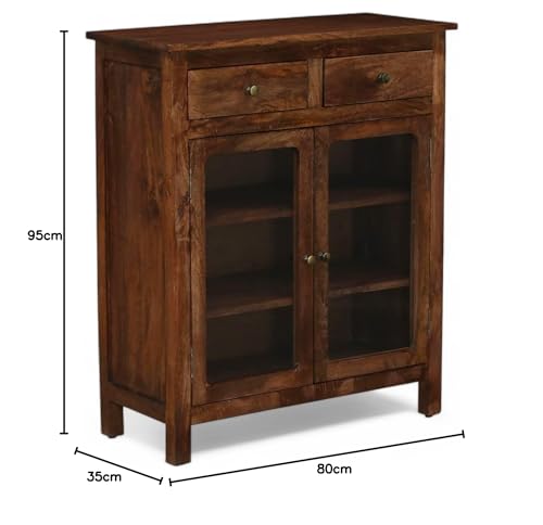 Image of Solid Wood Madrid Crockery Cabinet with Drawers | Kitchen Cabinet | Wooden Cabinet with Glass Doors | Finish- Tubaq