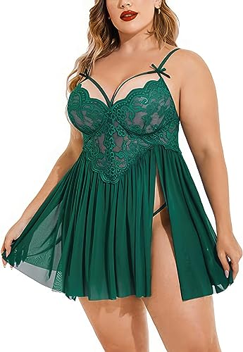 Image of Plus Size Lingerie Lace Babydoll Womens Strap Chemise Nightgown V Neck Nighty Mesh Sleepwear Side Slit Nightdress with G-Sting Panty