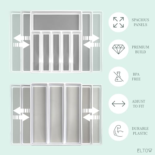 ELTOW Expandable Silverware Drawer Organizer & Utensil Tray Set, Non-Slip Kitchen Drawer Organizers and Storage, Kitchen Organization for Utensils, Cutlery, Office Supplies, Flatware Storage - White