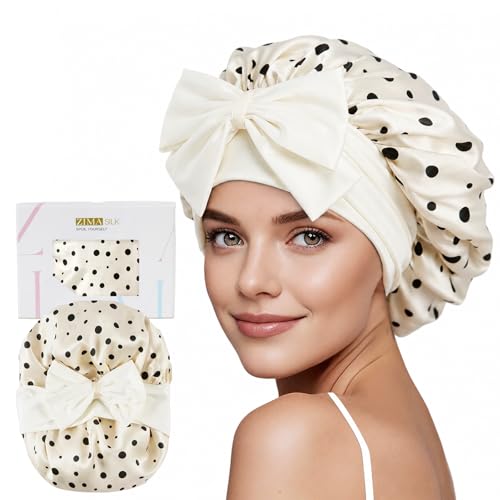 ZIMASILK 100% Mulberry Silk Bonnet for Sleeping Women Long Hair, Polka Dot