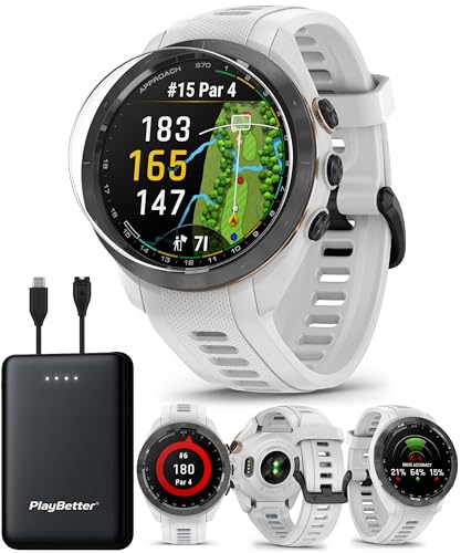Garmin Approach S70 (White, 42mm) Golf GPS Watch Bundle - AMOLED Display, Virtual Caddie & PlaysLike Distance - Includes PlayBetter 5000mAH Portable Charger & Screen Protectors