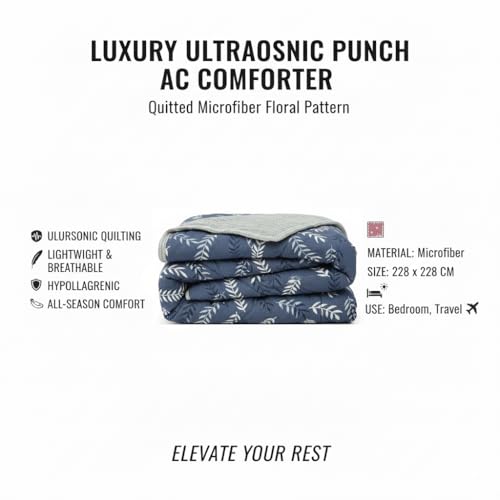 Image of Home Stylish Luxury Ultrasonic Punch AC Comforter Blanket - Quilted Microfiber Floral Pattern, Lightweight Breathable Hypoallergenic All‑Season Blanket for Bedroom, Travel (228x228 Cm) Blue Grey