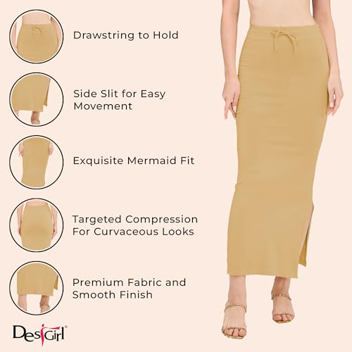 Image of DESI GIRL Cotton Lycra Stretchable Saree Shapewear Petticoat with Drawstring for Women | Fishcut Saree Petticoat with Side Slit for Easy Movement | Saree Shaper | Long inskirt