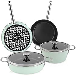Ollas Y Sartenes Magefesa Magefesa Nordic Batería Cocina Inducción 6 Piezas, Antiadherente Libre PFOA Esmalte Exterior Verde Menta, Set Cazuelas Tapa Vidrio, Sartenes, Herrajes Inox Satinados, Retro Estilo Vintage