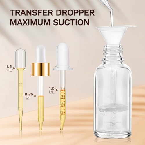 Bumobum 5 Pcs, 1 oz Dropper Bottle Clear Eye Dropper Bottles with 2 Droppers, 1 Funnel, 1 Pipette & 8 Labels, 30 ml Tincture Bottles with Dropper for Essential Hair Oils Serums Body Cuticle Oils2