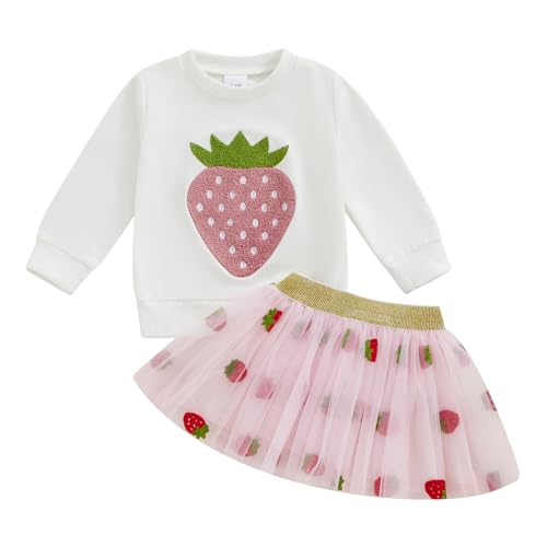 MAHUAOYIXI Conjunto de ropa de otoño e invierno para niña recién nacida, de 0 a 4 años, sudadera de manga larga bordada con fresa y camiseta + falda tutú hinchada con cintura elástica, blanco, 18-24
