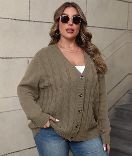 Image of POSESHE Women's Plus Size Open Front Cardigan Sweaters Fashion Button Down Cable Knit Chunky Outwear Coats