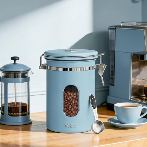 Image of Veken Coffee Canister with Window, Airtight Stainless Steel Container, 22OZ | Date Tracker,Kitchen Food Storage Organizers for Beans, Ground, Espresso, Rice,Tea, Sugar,Cereal, Gifts,Lids,Jars,Scoop, Blue