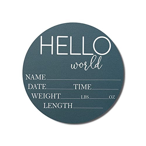 Image of Hickory Hollow Designs - Baby Announcement Sign for Newborn Boys and Girls (Color Bases) - Hello World Nursery Decor Sign & Photo Prop for Babies Made of Birch Wood - 6" Circle Board (Blue)