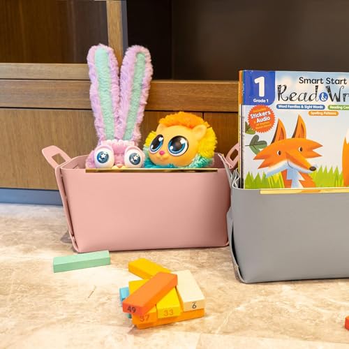 Image of Leather Portable Small Storage Basket for Desktop, Rectangle Decorative Box with Two Handles for Organizing, Storage Bin for Snack Sundries Cosmetics Stationery, 9.45''L5.5''W5.12''H (Pink)