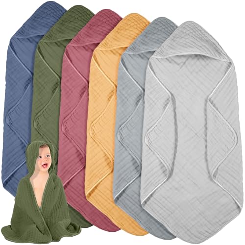 Image of Peryiter 6 Pcs Muslin Hooded Baby Towels, 32 inchx 32 inch Cotton Newborn Bath Towel Muslin Infant Baby Blankets Absorbent Unisex Newborn Registry Gift Essentials for Girls Boys (Dark Color Series)