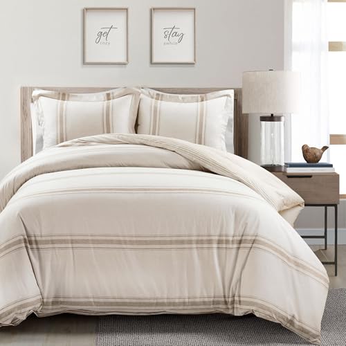 Image of Lush Decor Farmhouse Stripe Reversible Cotton Duvet Cover King Size 3 Piece Set Neutral - Farmhouse Bedding Set King - Striped Duvet Cover