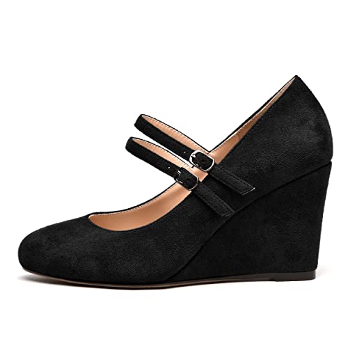 NUMALEO Womens Round Toe Suede Solid Buckle Ankle Strap Dress Business Wedge High Heel Pumps Shoes 3.3 Inch2