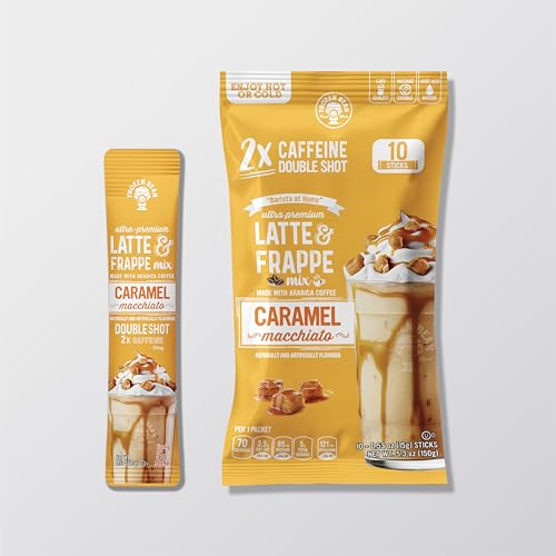 The Frozen Bean Caramel Macchiato Frappe & Latte Instant Mix (10 Sticks), Made with Arabica Coffee, Double Shot Caffeine, Low Sugar & Premium Ingredients, Hot, Iced, or Blended Drinks