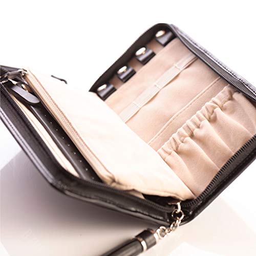 Veronica Bari Leather Travel Jewelry Organizer Case | Storage Bag Roll For Necklaces, Earrings, Rings, Bracelets | Compact Portable Folding Portfolio | Womens | Black #TOP2