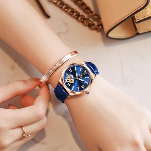Image of OLEVS Watches for Women Automatic Ladies Watch Mechanical Leather Strap Self-Winding Diamond dial Waterproof