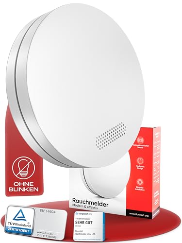 ALPENLUFT Rauchmelder 10 Jahre Batterie, Feuermelder Flach, Rauchwarnmelder, Brandmelder, | Ohne Bohren, Ohne LED Blinken - Rauch Brandschutz Brandmeldeanlage
