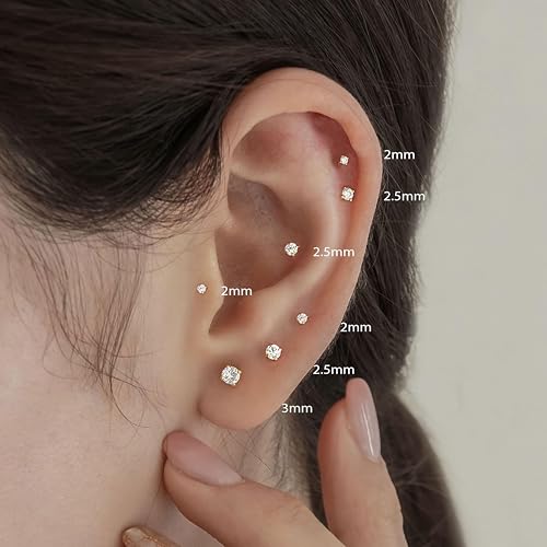 Small Gold Stud Earrings Set for Women Men, Hypoallergenic Cubic Zirconia Mini Stud Earrings for Women, 14K Gold Plated Tiny Cartilage Earrings Set for Multiple Piercing 5 Earrings Pack3