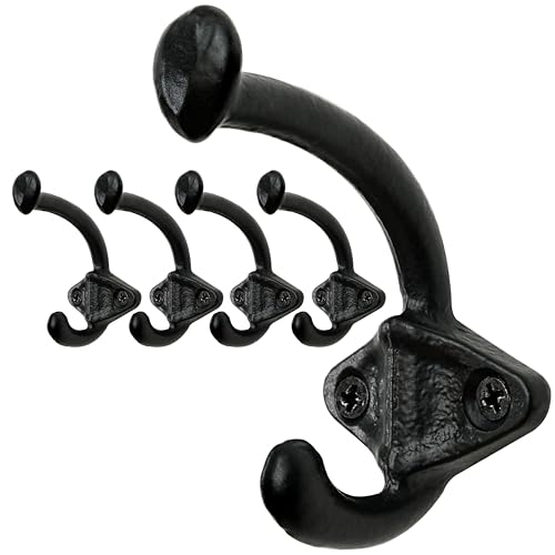 Image of SKOLOO Black Cast Iron Wall Hooks - Farmhouse Style, Pack of 5, Dual-Direction Hanging Design - Ideal for Coat, Backpack, Towel - Perfect for Entryway, Mud Room, Bathroom Dry Area
