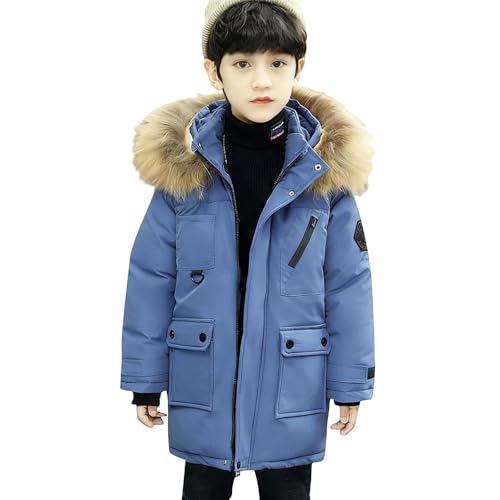 Abrigo de invierno tipo plumífero para niños grandes, de peso pesado, con forro de sherpa, capucha de piel sintética, elegante cortavientos, parka de nieve, acolchado, ropa de abrigo, azul, 11-12 años